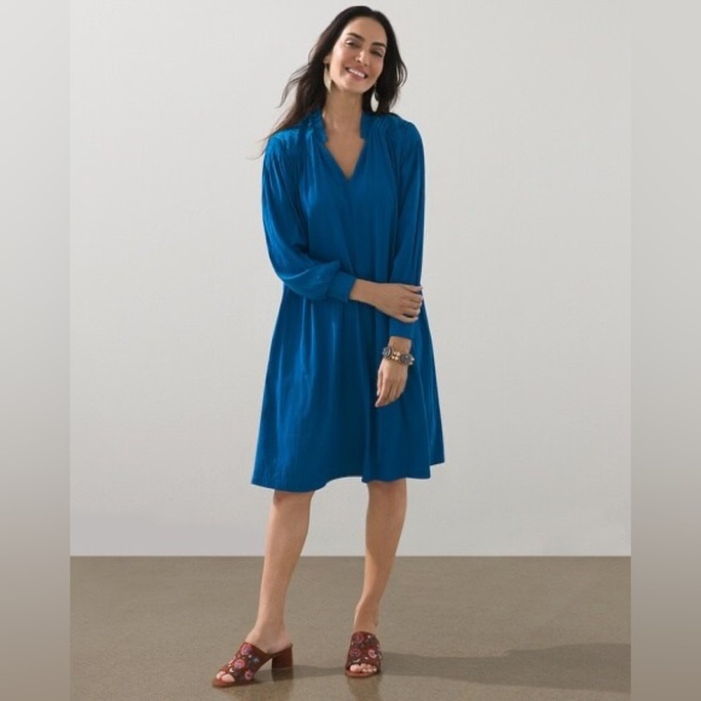 NWT Chico’s Relaxed Fit Popover Pintuck Dress Aurora Teal Size 14 Boho Coastal